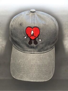 Bad Bunny Sad Heart Embroidered Dad Hat Grey Washed Cotton